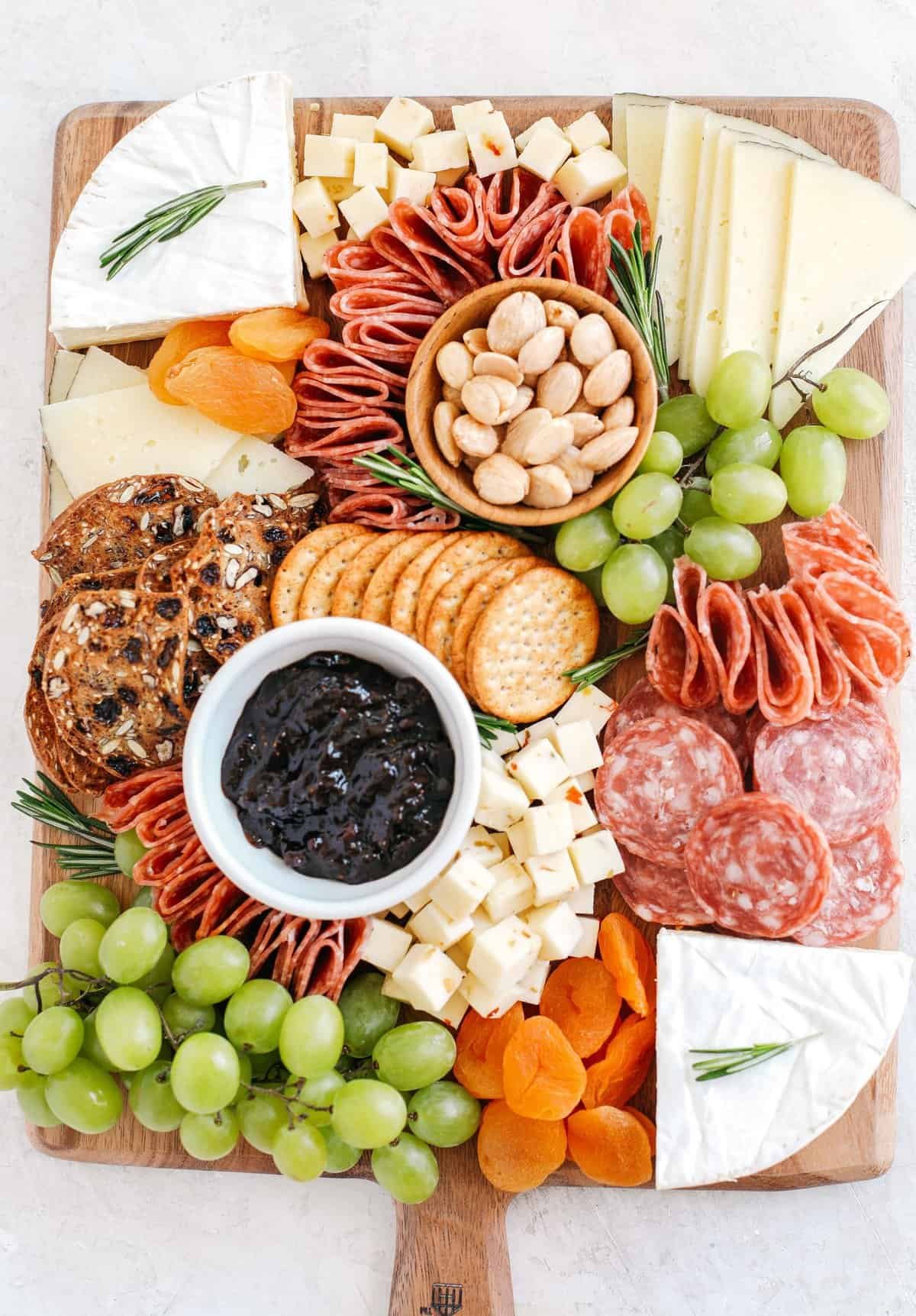 Overhead view of completed healthy charcuterie board